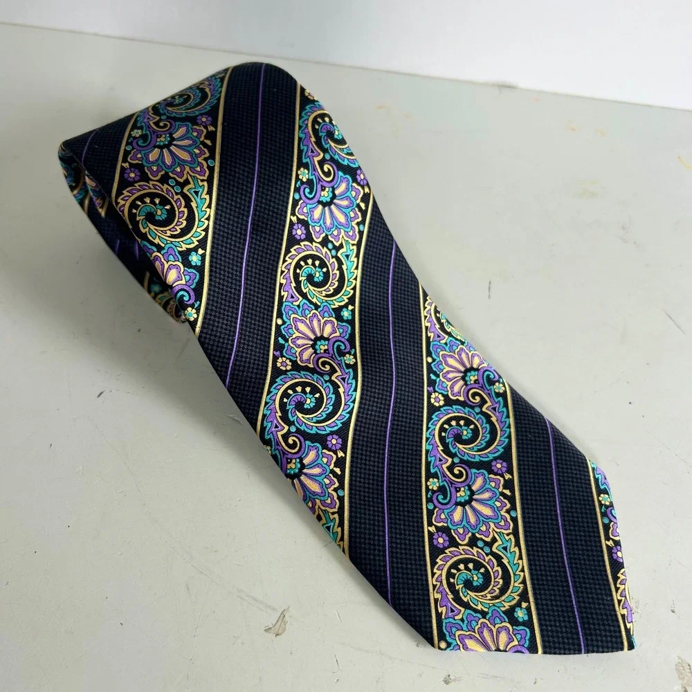 Robert Talbott Best of Class Silk Tie Black Purple Teal Paisley Floral Stripe